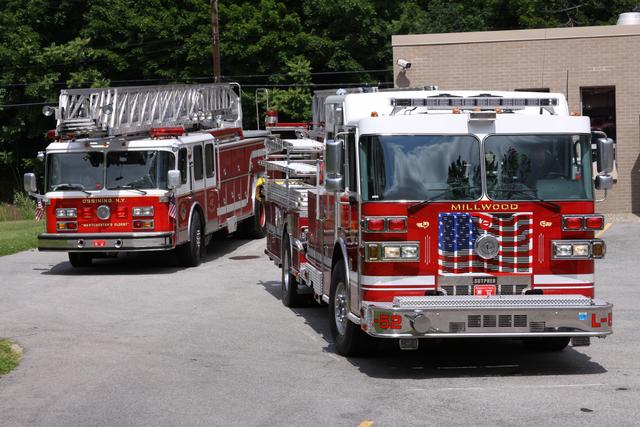 Ossining Ladder 42 with Millwood Ladder 52 - Photo Courtesy of JT Camp